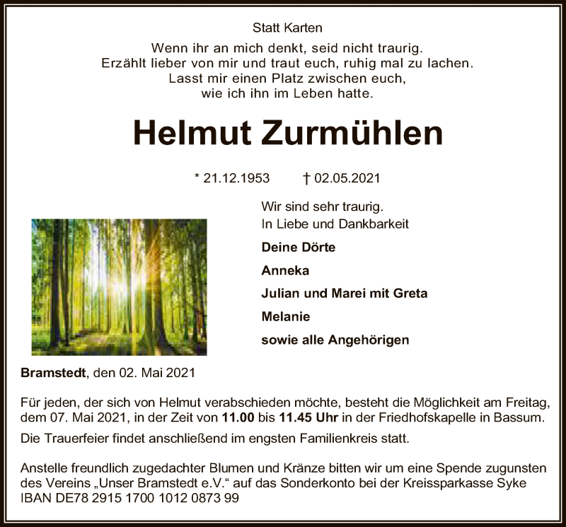  Traueranzeige für Helmut Zurmühlen vom 05.05.2021 aus SYK