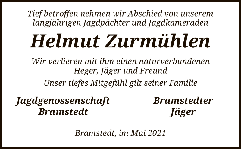  Traueranzeige für Helmut Zurmühlen vom 06.05.2021 aus SYK