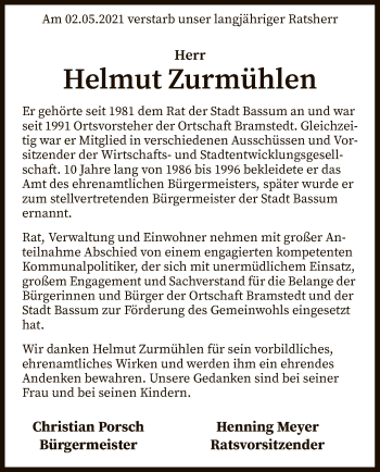 Traueranzeige von Helmut Zurmühlen von SYK