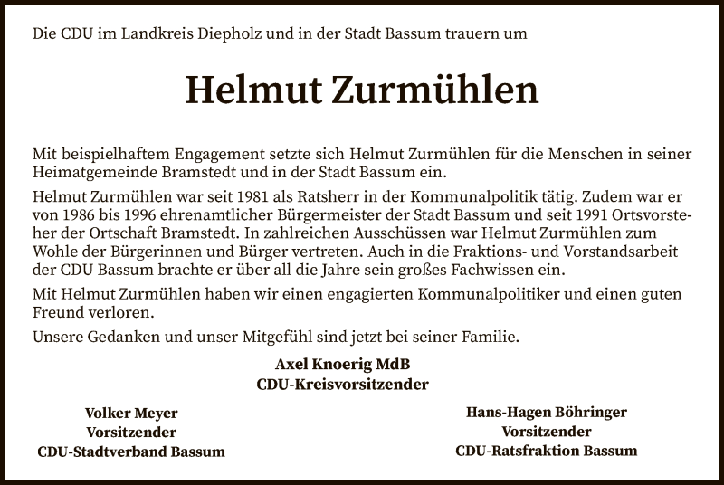  Traueranzeige für Helmut Zurmühlen vom 07.05.2021 aus SYK