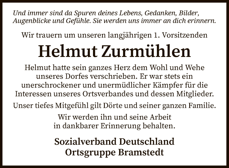  Traueranzeige für Helmut Zurmühlen vom 06.05.2021 aus SYK