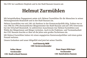 Traueranzeige von Helmut Zurmühlen von SYK