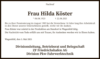 Traueranzeige von Hilda Köster von SYK