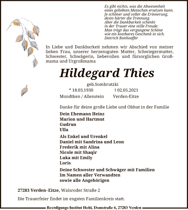  Traueranzeige für Hildegard Thies vom 07.05.2021 aus SYK