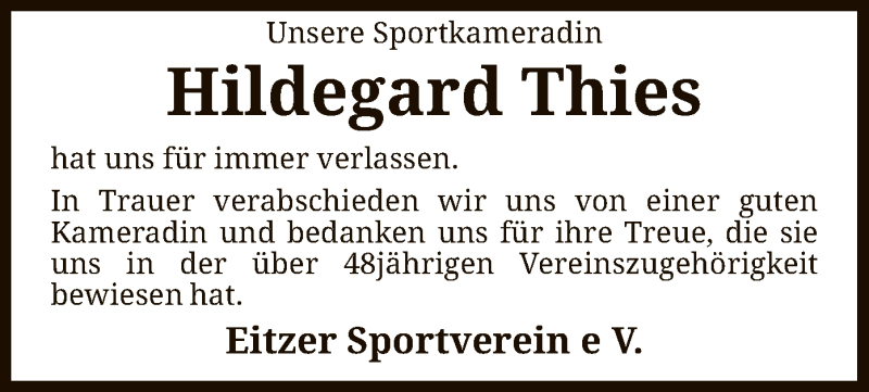  Traueranzeige für Hildegard Thies vom 08.05.2021 aus SYK