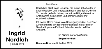 Traueranzeige von Ingrid Nordloh von SYK