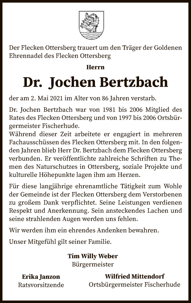  Traueranzeige für Jochen Bertzbach vom 05.05.2021 aus SYK