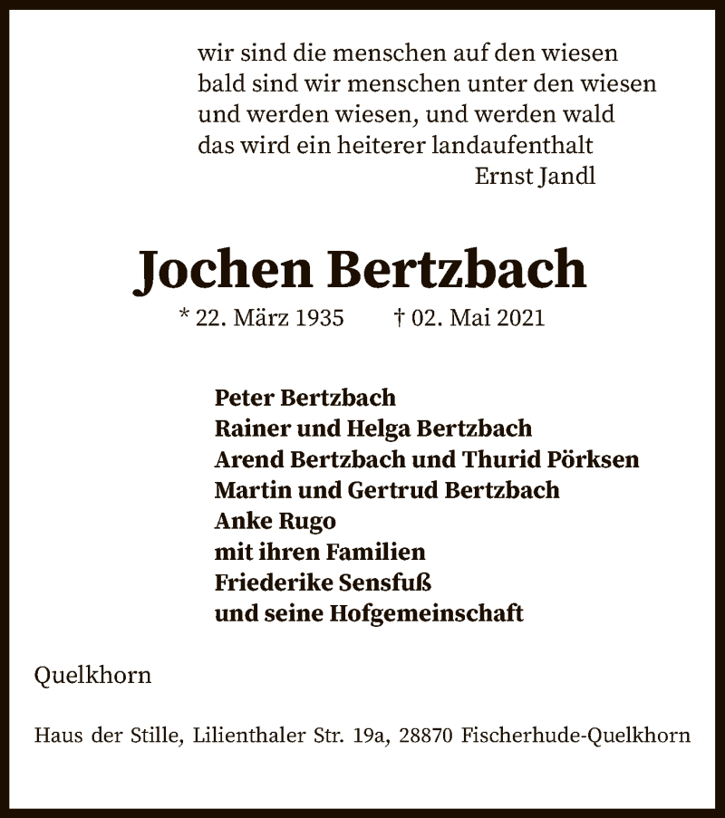  Traueranzeige für Jochen Bertzbach vom 05.05.2021 aus SYK