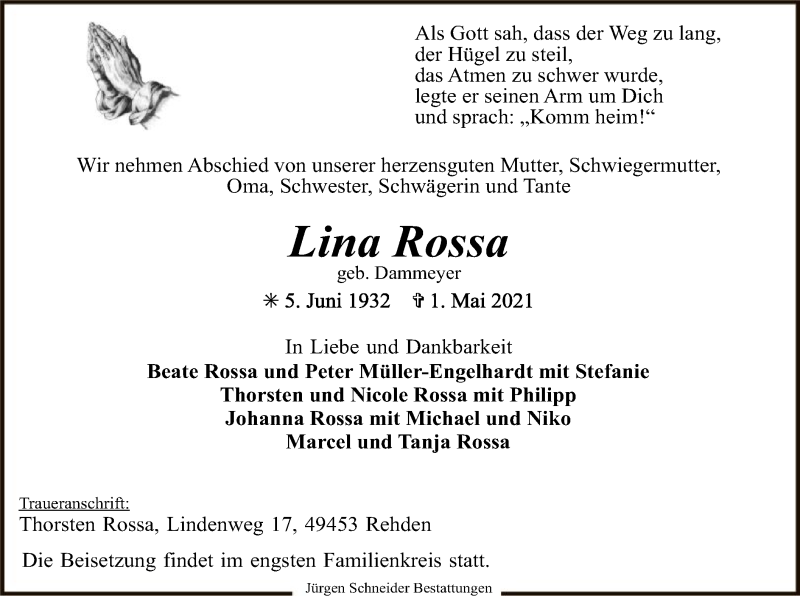  Traueranzeige für Lina Rossa vom 08.05.2021 aus SYK