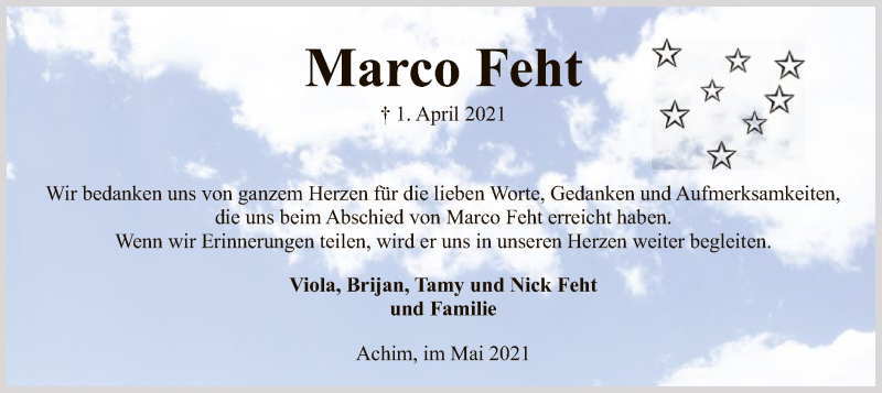  Traueranzeige für Marco Feht vom 08.05.2021 aus SYK