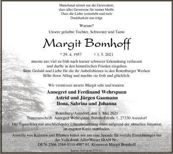 Traueranzeige von Margit Bomhoff von SYK