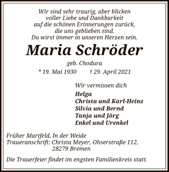 Traueranzeige von Maria Schröder von SYK