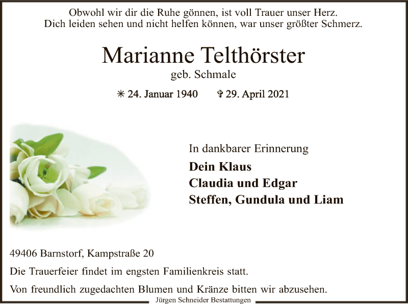  Traueranzeige für Marianne Telthörster vom 04.05.2021 aus SYK