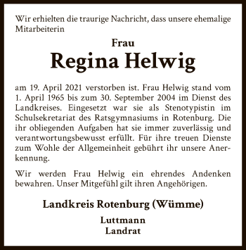 Traueranzeige von Regina Helwig von SYK