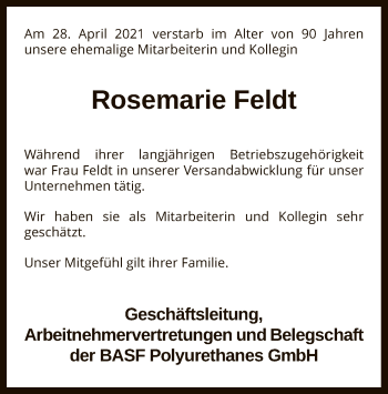 Traueranzeige von Rosemarie Feldt von SYK