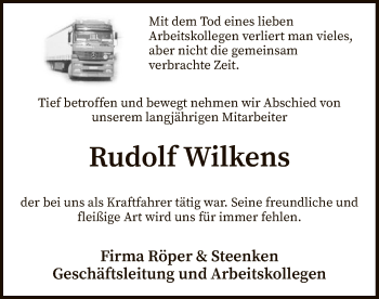 Traueranzeige von Rudolf Wilkens von SYK