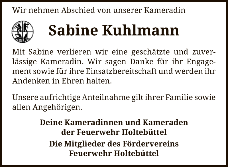  Traueranzeige für Sabine Kuhlmann vom 08.05.2021 aus SYK