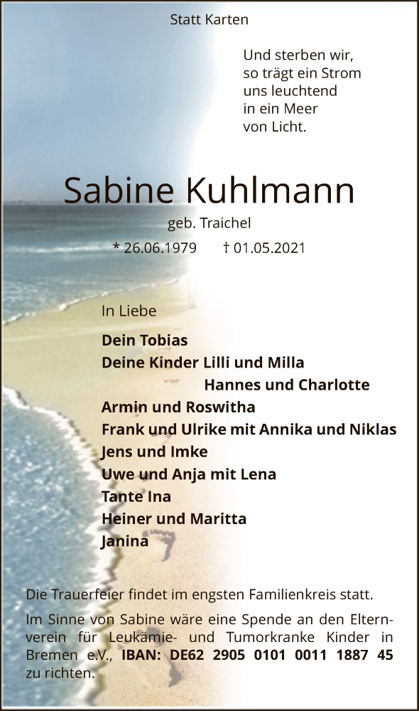  Traueranzeige für Sabine Kuhlmann vom 06.05.2021 aus SYK