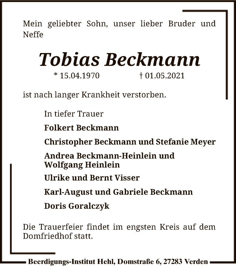  Traueranzeige für Tobias Beckmann vom 08.05.2021 aus SYK