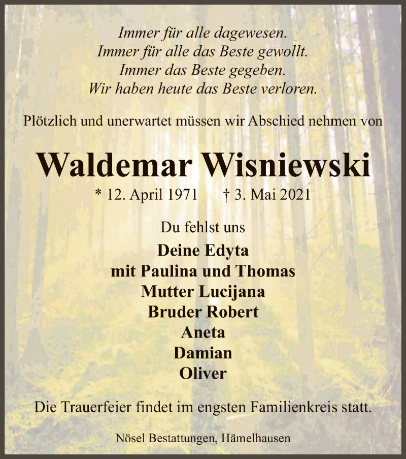  Traueranzeige für Waldemar Wisniewski vom 08.05.2021 aus SYK