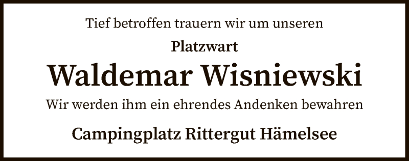  Traueranzeige für Waldemar Wisniewski vom 08.05.2021 aus SYK