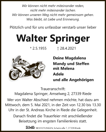 Traueranzeige von Walter Springer von SYK