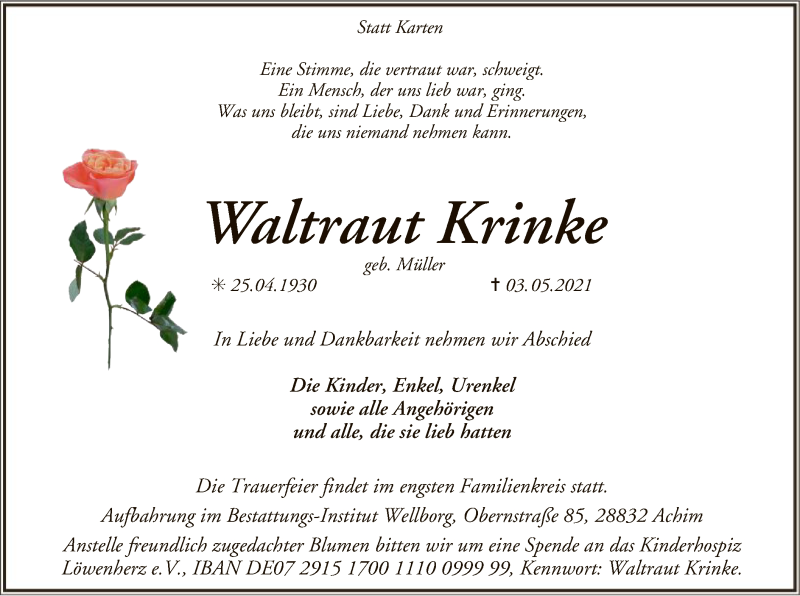  Traueranzeige für Waltraut Krinke vom 07.05.2021 aus SYK