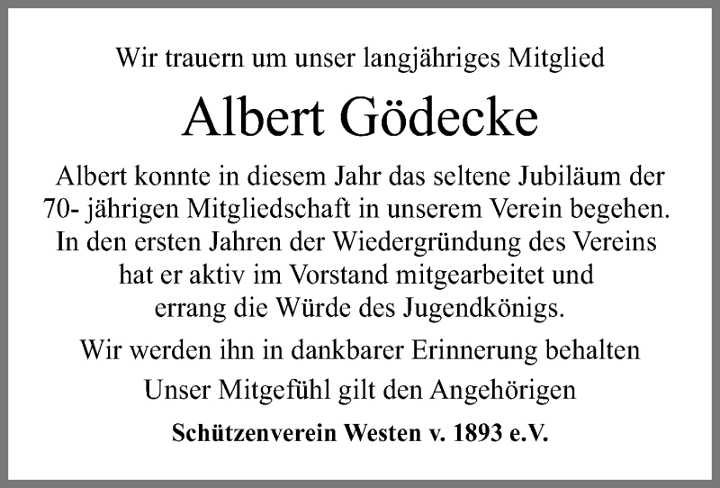  Traueranzeige für Albert Gödecke vom 22.05.2021 aus SYK