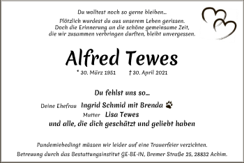 Traueranzeige von Alfred Tewes von SYK