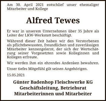 Traueranzeige von Alfred Tewes von SYK