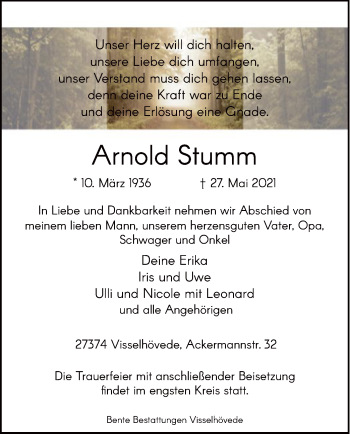 Traueranzeige von Arnold Stumm von SYK