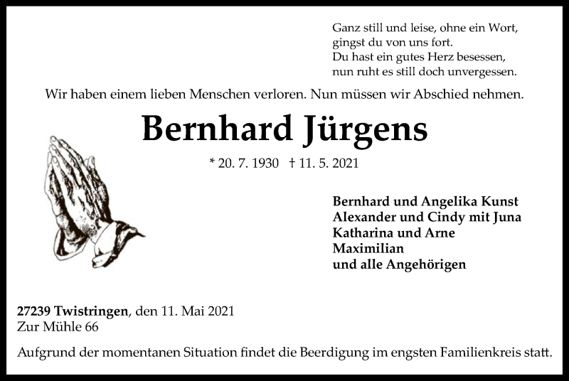  Traueranzeige für Bernhard Jürgens vom 15.05.2021 aus SYK