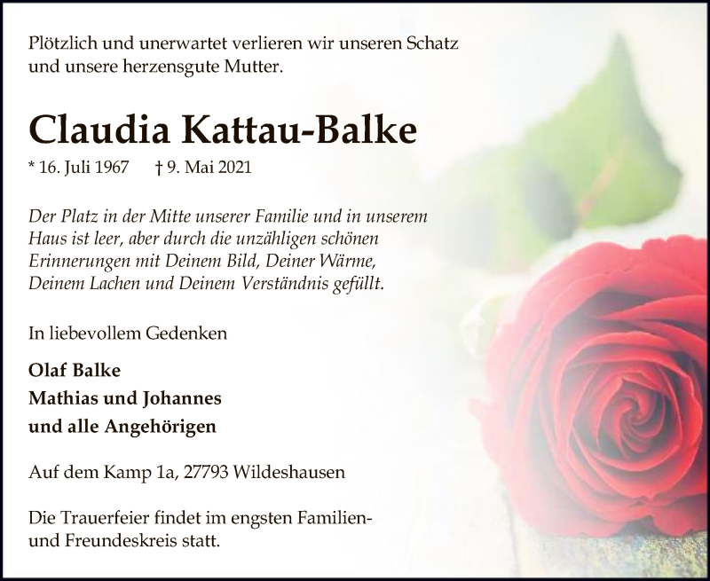  Traueranzeige für Claudia Kattau-Balke vom 15.05.2021 aus SYK