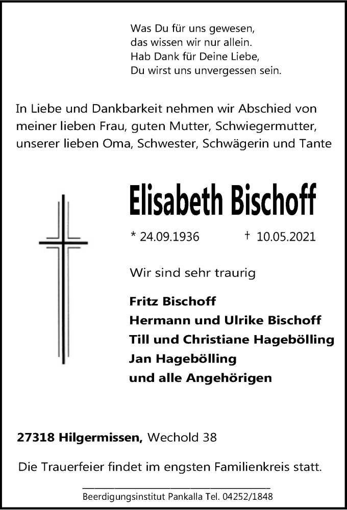  Traueranzeige für Elisabeth Bischoff vom 12.05.2021 aus SYK