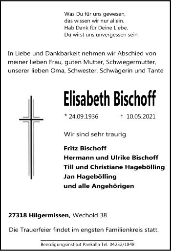 Traueranzeige von Elisabeth Bischoff von SYK