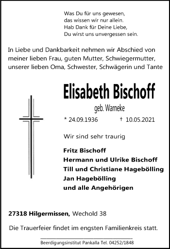 Traueranzeige von Elisabeth Bischoff von SYK