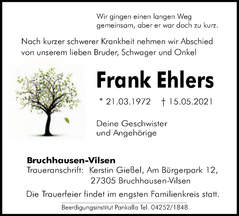  Traueranzeige für Frank Ehlers vom 18.05.2021 aus SYK