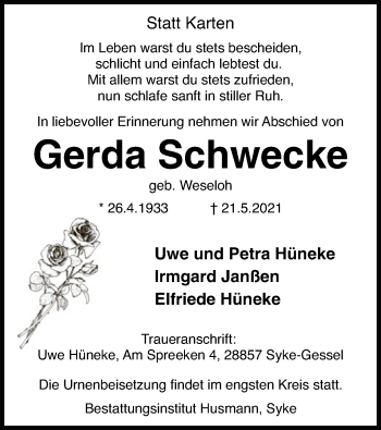 Traueranzeige von Gerda Schwecke