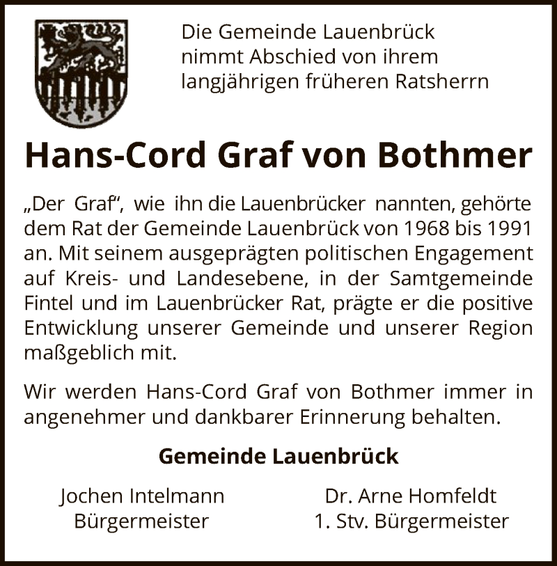  Traueranzeige für Hans-Cord Graf von Bothmer vom 29.05.2021 aus SYK