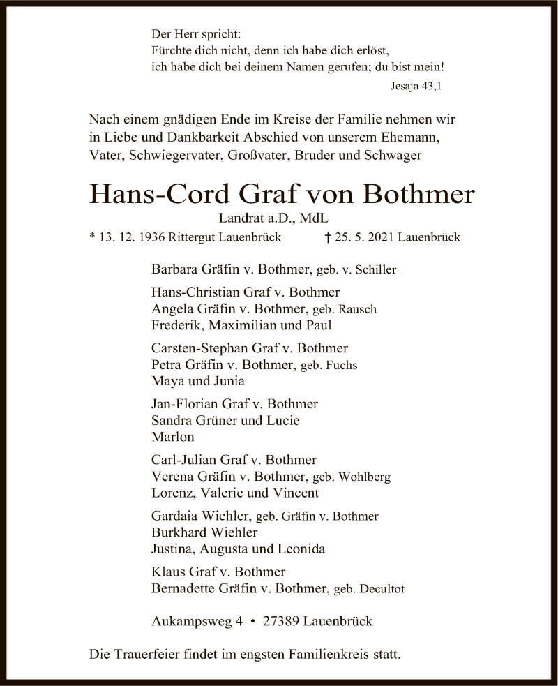 Traueranzeige für Hans-Cord Graf von Bothmer vom 28.05.2021 aus SYK