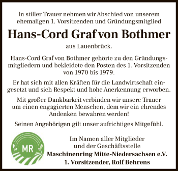 Traueranzeige von Hans-Cord Graf von Bothmer von SYK