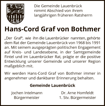 Traueranzeige von Hans-Cord Graf von Bothmer von SYK