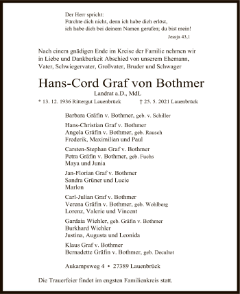 Traueranzeige von Hans-Cord Graf von Bothmer von SYK