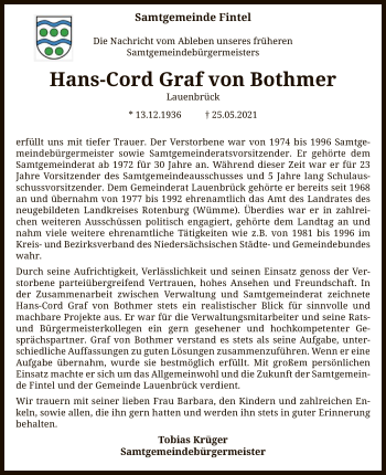 Traueranzeige von Hans-Cord Graf von Bothmer von SYK