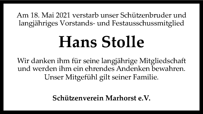  Traueranzeige für Hans Stolle vom 21.05.2021 aus SYK