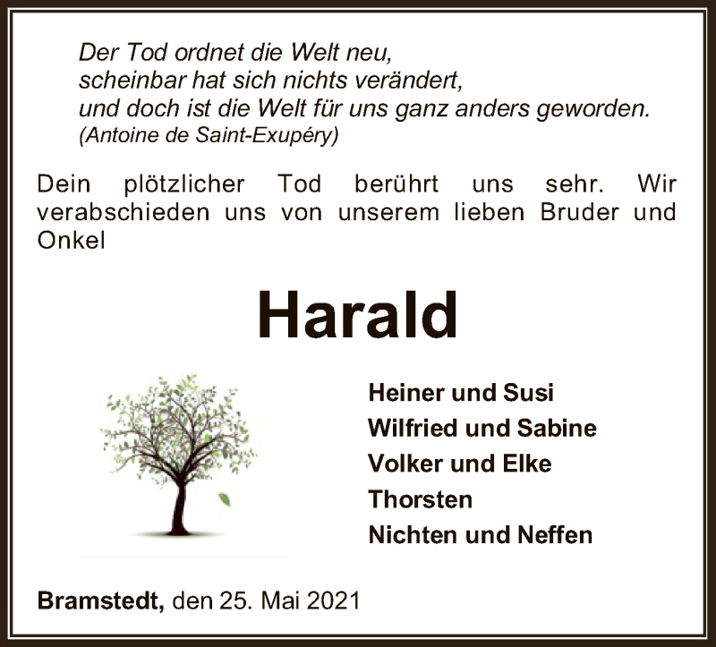  Traueranzeige für Harald Schaffer vom 29.05.2021 aus SYK