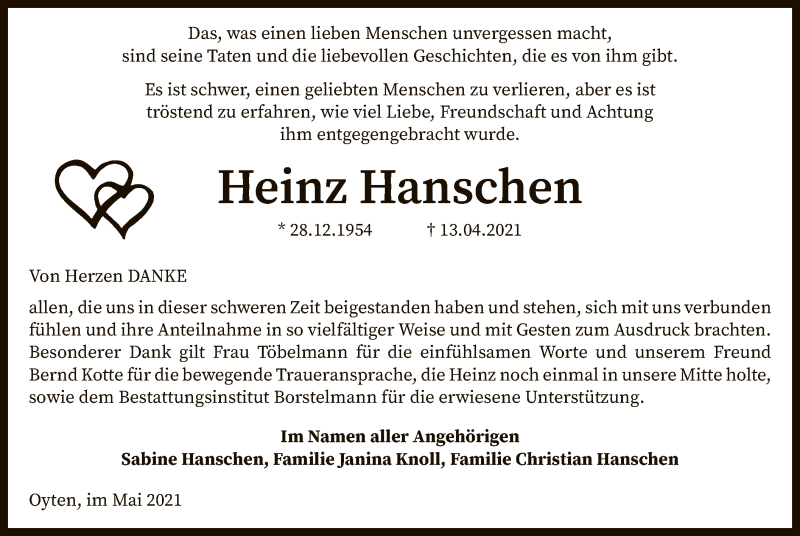  Traueranzeige für Heinz Hanschen vom 22.05.2021 aus SYK