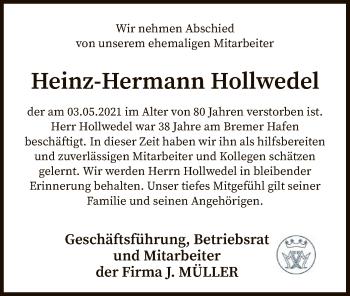 Traueranzeige von Heinz-Hermann Hollwedel von SYK