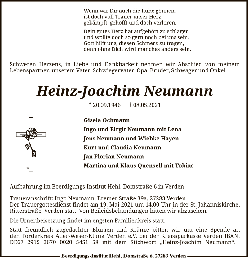  Traueranzeige für Heinz-Joachim Neumann vom 12.05.2021 aus SYK