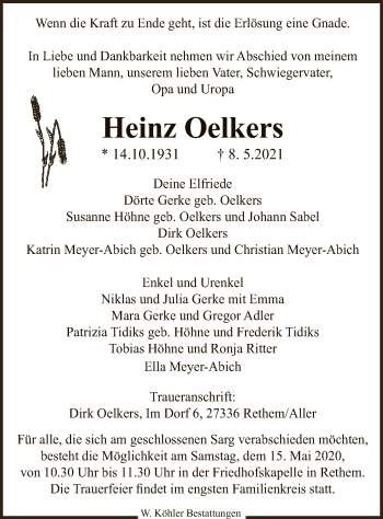 Traueranzeige von Heinz Oelkers von SYK